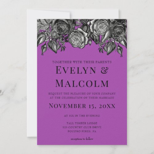 Black and White Roses Electric Purple Wedding Invitation