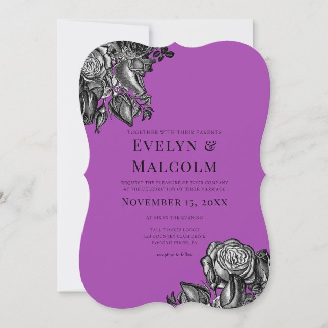 Black and White Roses Electric Purple Wedding Invitation (Front)