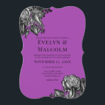 Black and White Roses Electric Purple Wedding Invitation<br><div class="desc">This wedding invitation features bold illustrations of roses in an antique engraving style in black and white set against a bright and vibrant electric purple background. Your details appear in bold black print lettering. The reverse side has a coordinating bouquet of black and white roses that's ready to be customized...</div>