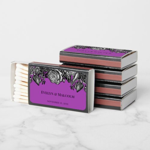 Black and White Roses Electric Purple Wedding Matchboxes
