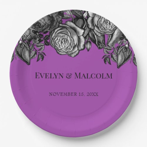 Black and White Roses Electric Purple Wedding Paper Plates