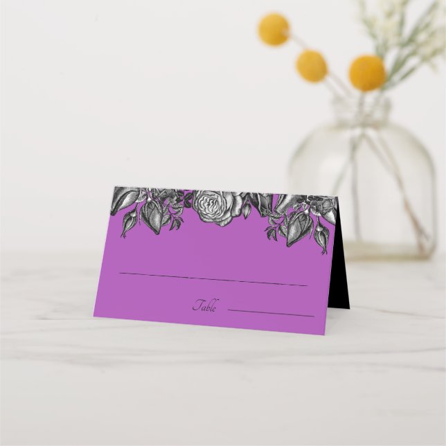 Black and White Roses Electric Purple Wedding Place Card (Front)