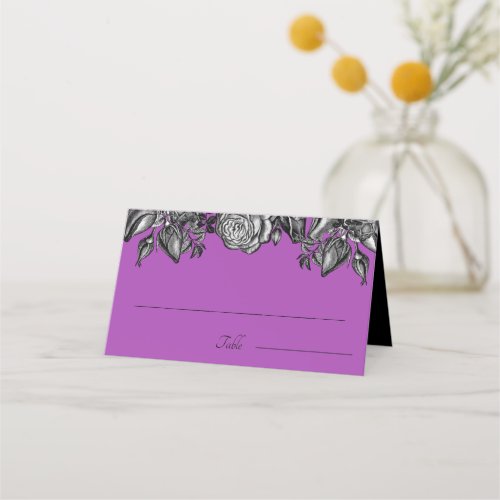 Black and White Roses Electric Purple Wedding Place Card