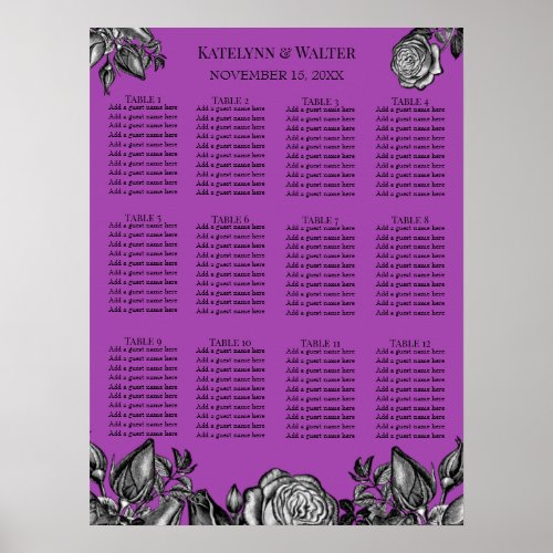 Black and White Roses Electric Purple Wedding Poster