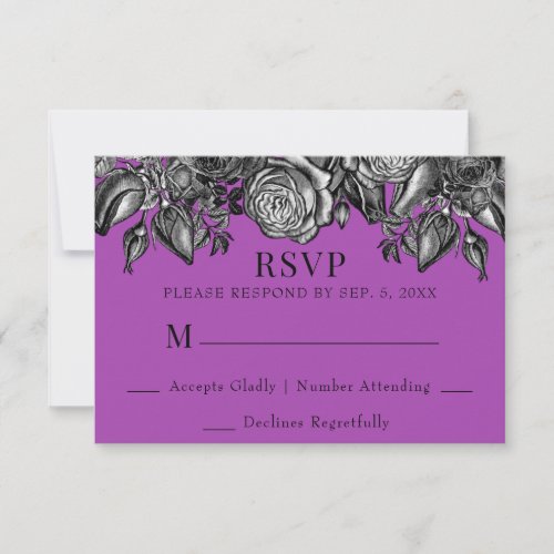 Black and White Roses Electric Purple Wedding RSVP Card