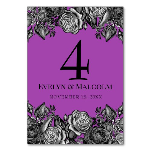 Black and White Roses Electric Purple Wedding Table Number
