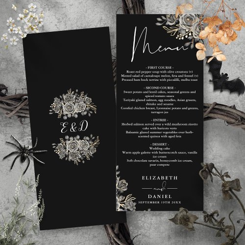 Black And White Roses Floral Gothic Wedding Dinner Menu