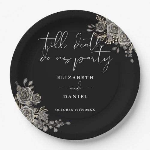 Black And White Roses Floral Gothic Wedding Paper Plates