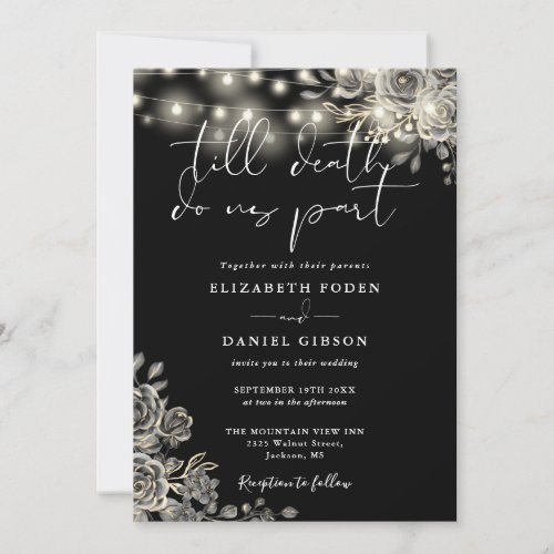 Black And White Roses Floral Lights Gothic Wedding Invitation