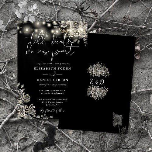 Black And White Roses Floral Lights Gothic Wedding Invitation