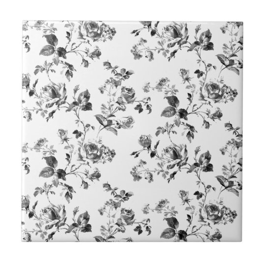 Black and White Roses Floral Pattern Ceramic Tile