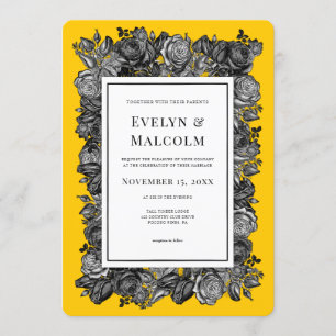 Black and White Roses Goldenrod Wedding Invitation