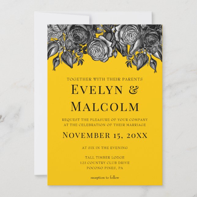 Black and White Roses Goldenrod Wedding Invitation (Front)