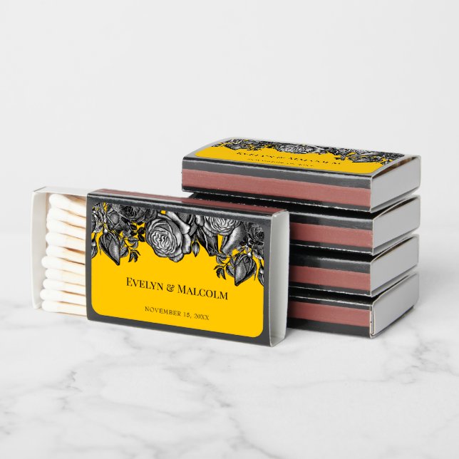 Black and White Roses Goldenrod Wedding Matchboxes (Stacked)