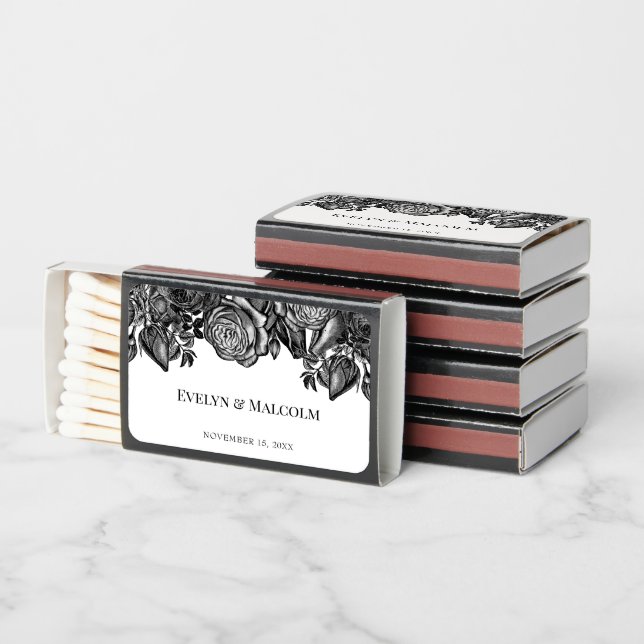 Black and White Roses Gothic Wedding Matchboxes (Stacked)