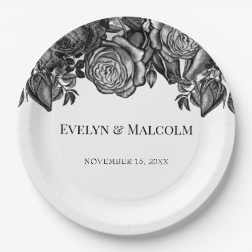 Black and White Roses Gothic Wedding Paper Plates