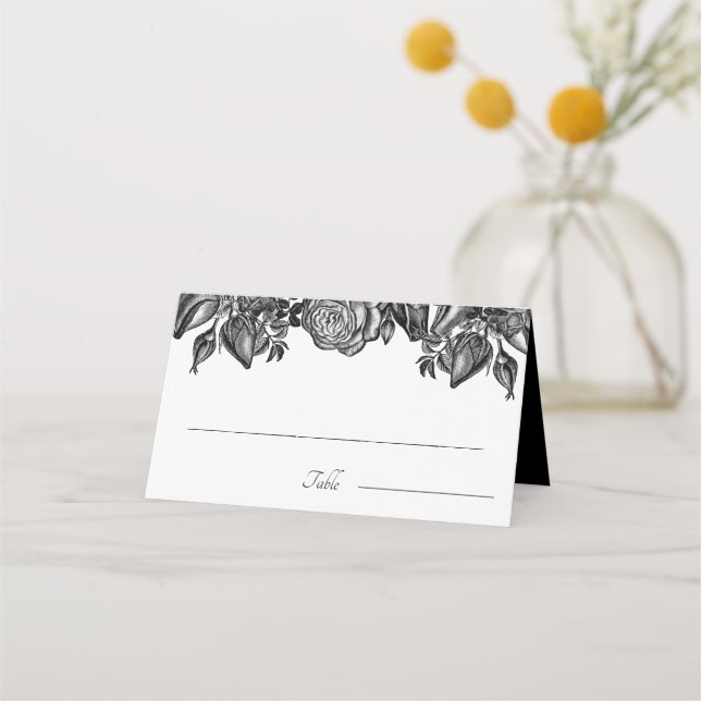 Black and White Roses Gothic Wedding Place Card (Front)