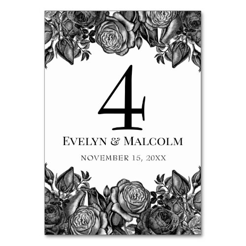 Black and White Roses Gothic Wedding Table Number