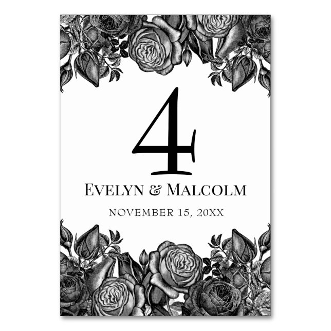 Black and White Roses Gothic Wedding Table Number (Front)