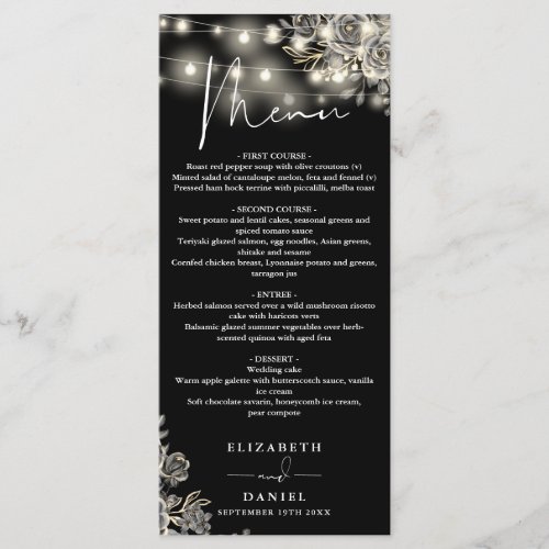 Black And White Roses Lights Gothic Wedding Dinner Menu