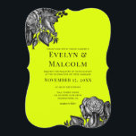 Black and White Roses Lime Green Wedding Invitation<br><div class="desc">This wedding invitation features bold illustrations of roses in an antique engraving style in black and white set against a bright and vibrant electric lime green background. Your details appear in bold black print lettering. The reverse side has a coordinating bouquet of black and white roses that's ready to be...</div>