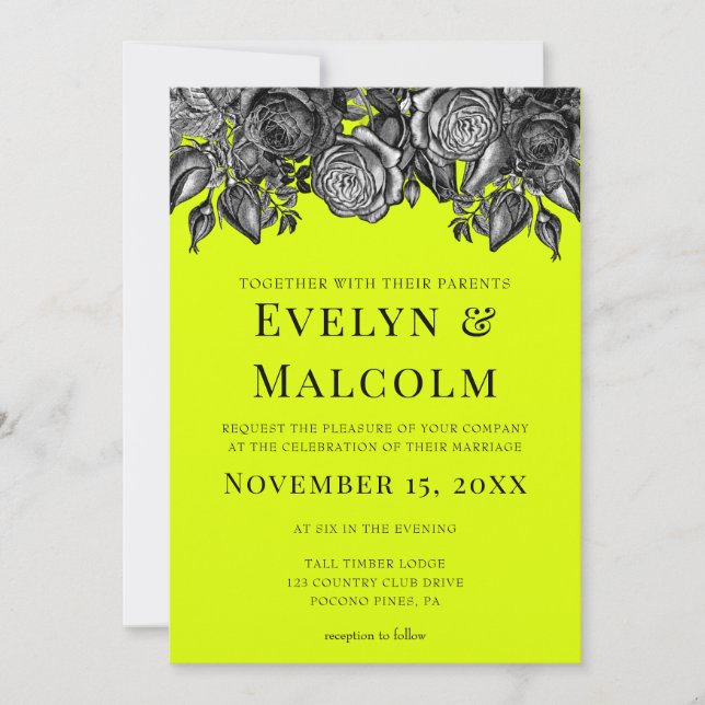 Black and White Roses Lime Green Wedding Invitation (Front)