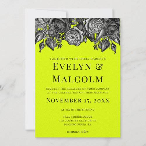 Black and White Roses Lime Green Wedding Invitation