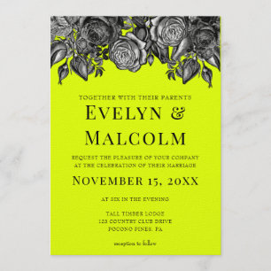 Black and White Roses Lime Green Wedding Invitation