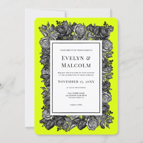 Black and White Roses Lime Green Wedding Invitation