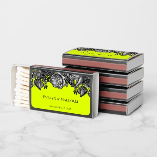 Black and White Roses Lime Green Wedding Matchboxes