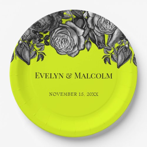 Black and White Roses Lime Green Wedding Paper Plates