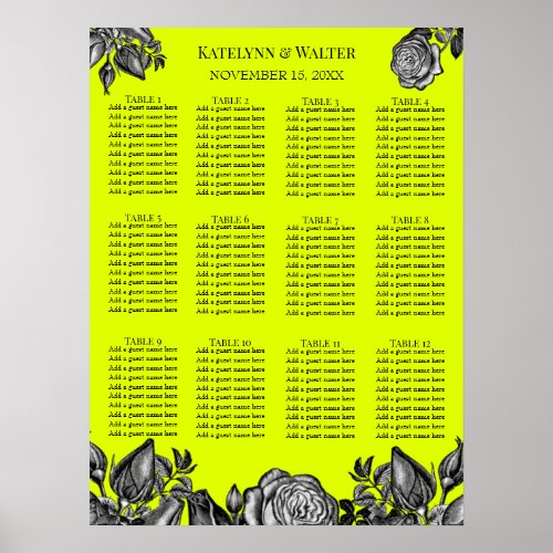 Black and White Roses Lime Green Wedding Poster