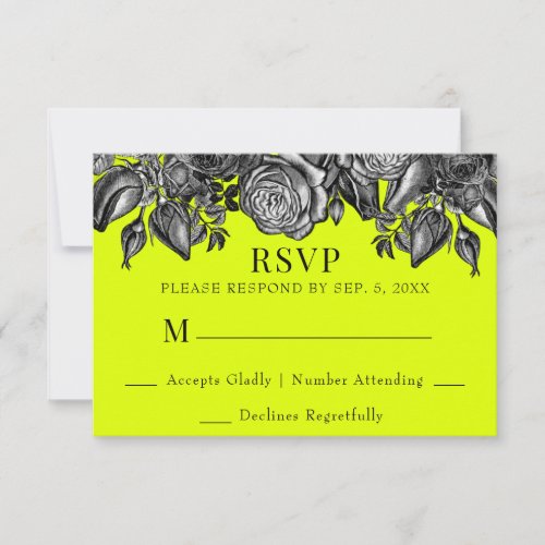 Black and White Roses Lime Green Wedding RSVP Card