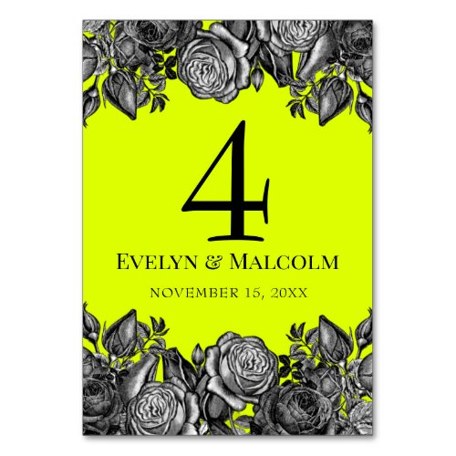 Black and White Roses Lime Green Wedding Table Number