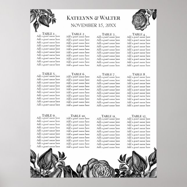 Black and White Roses Minimalist Gothic Wedding Poster (Front)