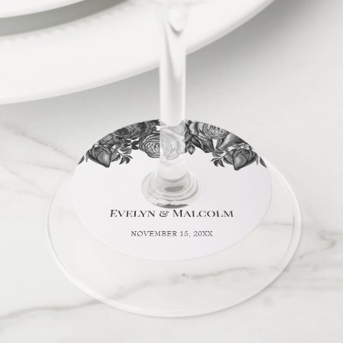 Black and White Roses Minimalist Wedding Wine Glass Tag