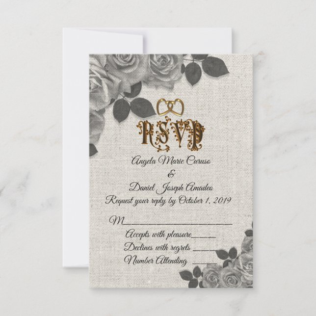 Black and white roses on linen wedding RSVP Invitation (Front)