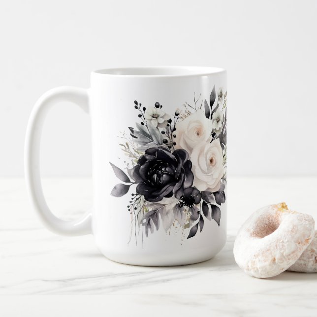 Black and White Roses on White  Coffee Mug (With Donut)