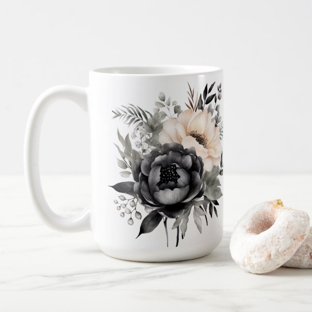 Black and White Roses on White  Coffee Mug (With Donut)