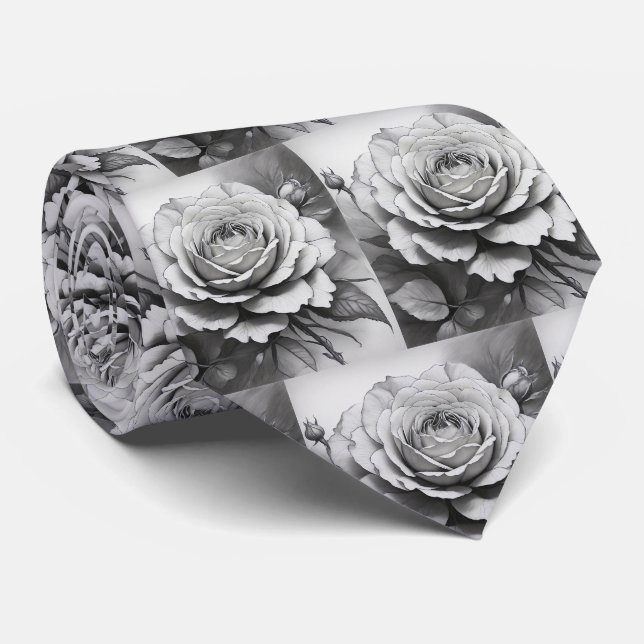 Black and white Roses Pattern Neck Tie (Rolled)