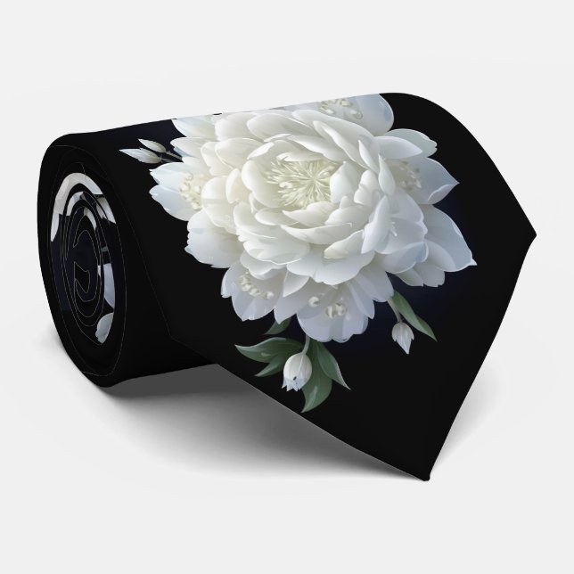 Black and white Roses Pattern Neck Tie (Rolled)