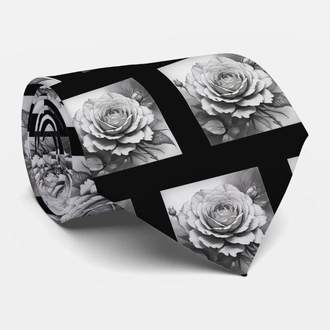Black and white Roses Pattern Neck Tie (Rolled)