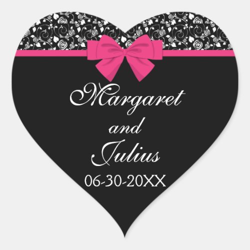 Black and White Roses Pink Bow Heart Sticker