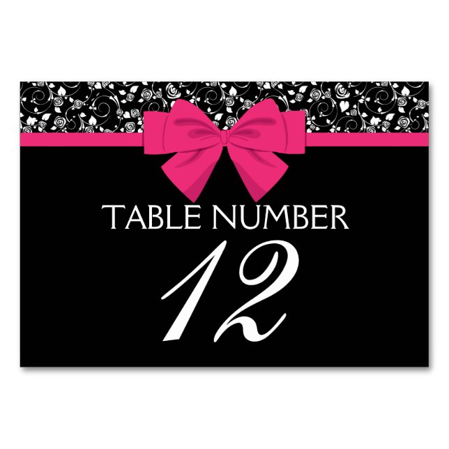 Black and White Roses Pink Bow Table Number (Front)