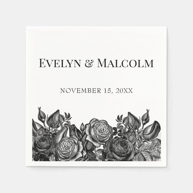Black and White Roses Simple Minimalist Wedding Napkins (Front)