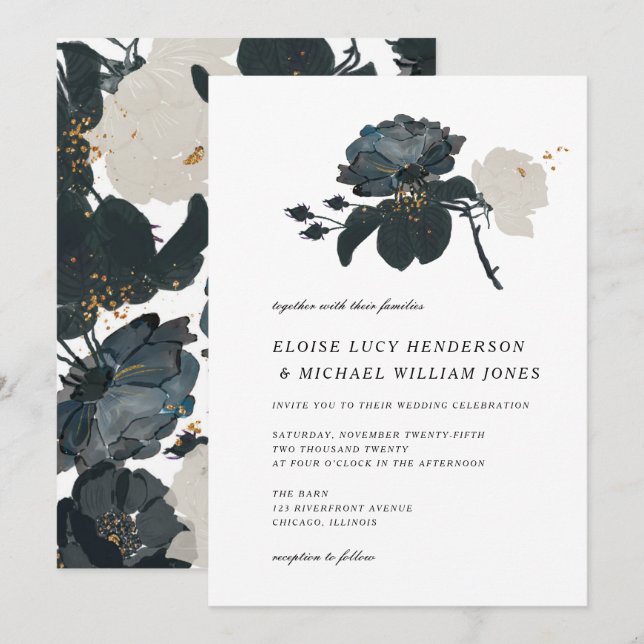 Black and White Roses Wedding Invitation (Front/Back)