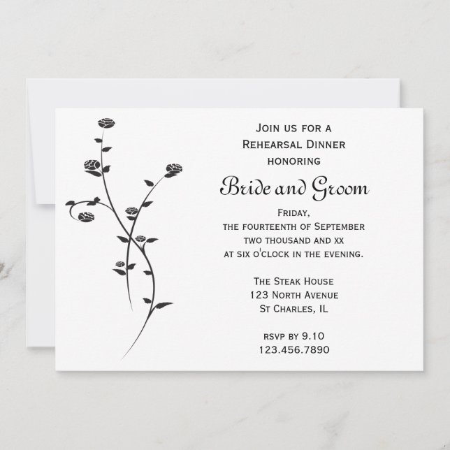 Black and White Roses Wedding Rehearsal Dinner Invitation (Front)