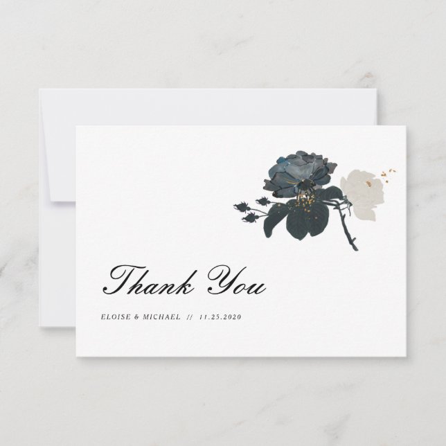 Black and White Roses Wedding Thank You Card (Front)