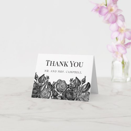 Black and White Roses Wedding Thank You Card