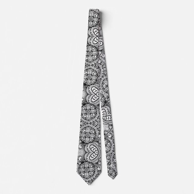 Black and White Rosette Floral Mandala Paisley Neck Tie (Front)